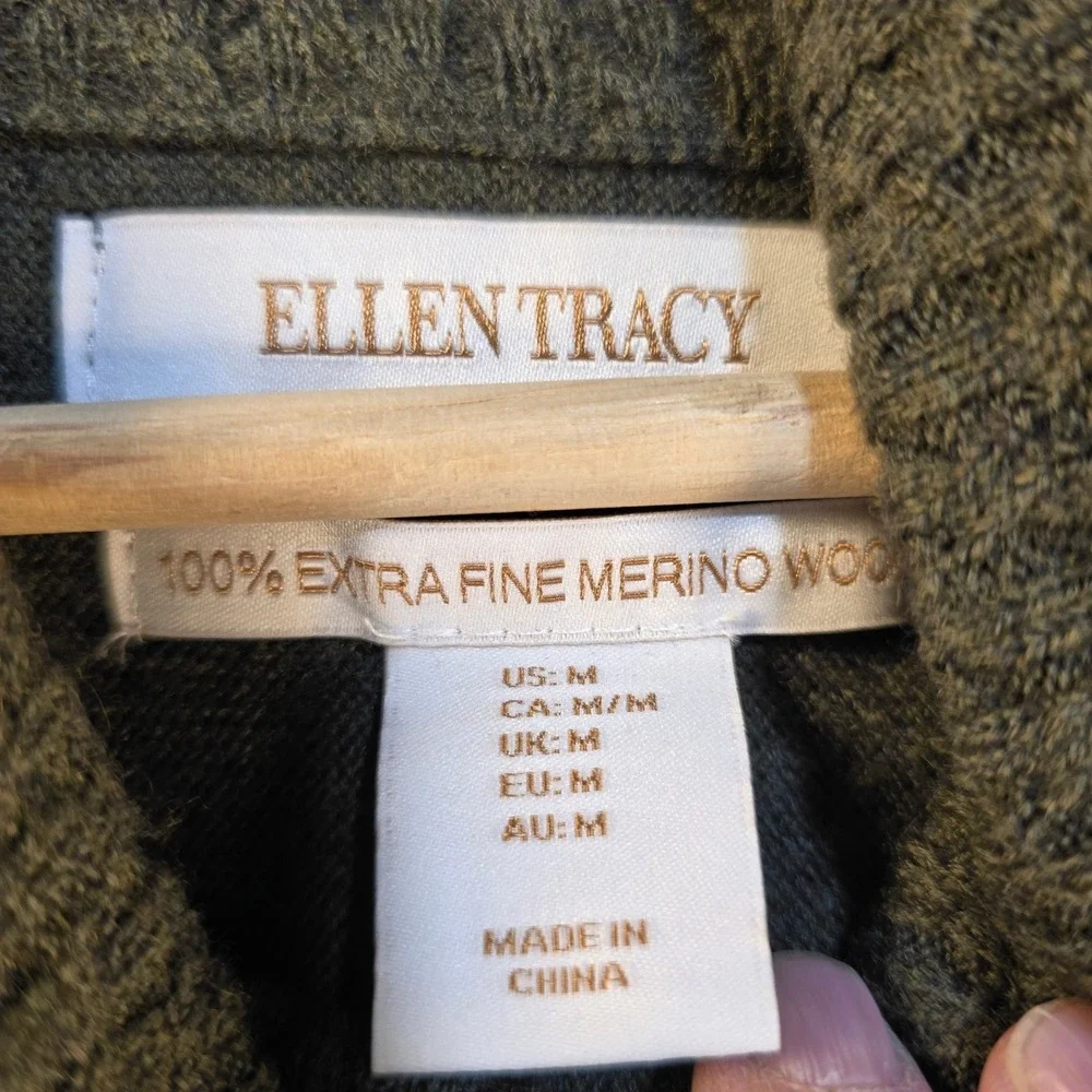 Ellen Tracy Extra Fine Merino Wool Cowl Neck Buckle Sweater Olive Green Womens M